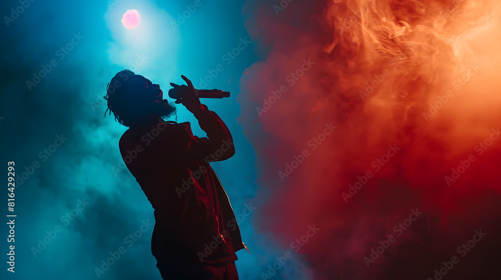 Street style singer gesturing with hand on stage against dark background Spotlight and smoke creating silhouette effect Concept f music and dance lifestyle festivals concerts selfexpre : Generative AI