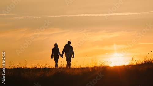 Silhouette couple walking hand in hand at sunset   Generative AI