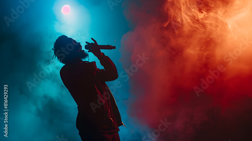 Street style singer gesturing with hand on stage against dark background Spotlight and smoke creating silhouette effect Concept f music and dance lifestyle festivals concerts selfexpre : Generative AI