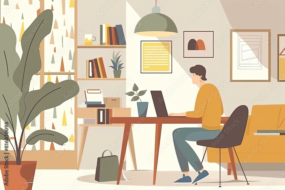 An employee is working remotely on a laptop in a minimalist and airy study space An employee is working remotely on a laptop in a minimalist and airy study space
