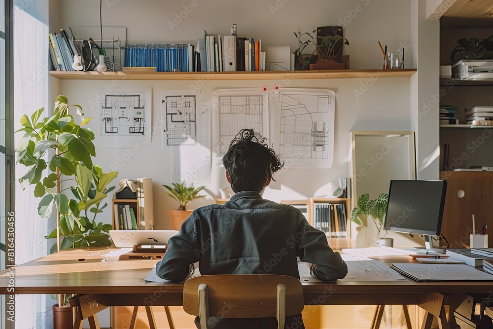 Fototapeta premium An engineer is designing blueprints at a table in a minimalist and efficient study nook