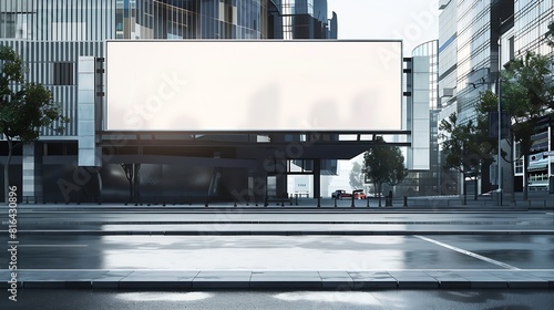 Advertising empty long white billboard with space for mockup information at urban street front view : Generative AI photo