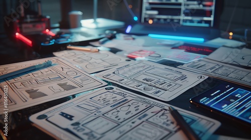 Mobile app wireframe sketches with digital notes in augmented reality on a desk