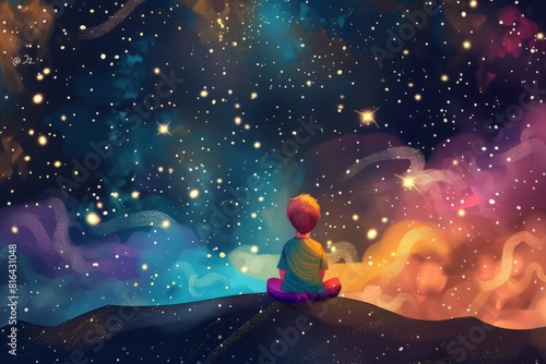 Cartoon cute doodles of a character sitting under a starry sky, contemplating the vastness of the universe and their place in it, Generative AI photo