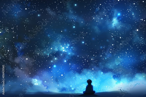 Cartoon cute doodles of a character sitting under a starry sky  contemplating the vastness of the universe and their place in it  Generative AI