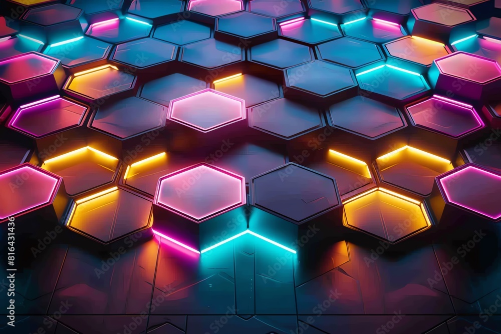 3D rendering of a glowing honeycomb grid. 3D rendering of a glowing honeycomb grid.
