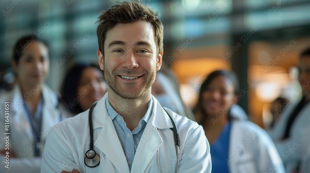 a group of doctors, including a smiling man with brown hair and a large nose, stand together in a room one of the doctors wears a blue and white shirt a group of doctors, including a smiling man with brown hair and a large nose, stand together in a room one of the doctors wears a blue and white shirt