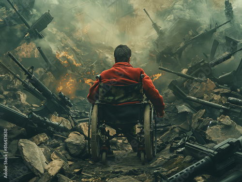 A picture of a disabled person sitting in a wheelchair on a pile of war weapons. Describe the atmosphere of the battle.
