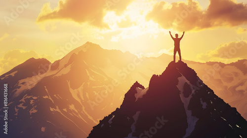 Success Business Leadership Winner on top Success Silhouette man at peak of mountains Panoramic view on mountains hills Successfully achieving your goal Successful person has achieving   Generative AI