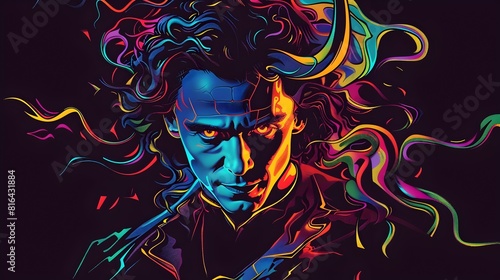 Mischievous Loki the Trickster God Surrounded by Flames and Chaos in Synthwave photo