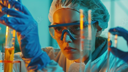 crop concentrated female chemist in protective uniform, gloves and goggles checking test tube during experiment in modern laboratory. copy space for text.