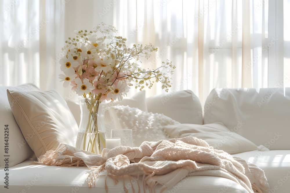 living room with a white sofa with pillows and plaid and side table with flower vase, interior design ai generative living room with a white sofa with pillows and plaid and side table with flower vase, interior design ai generative