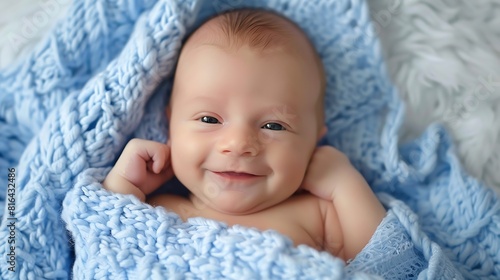 Portrait of smiling newborn baby wrapped in blue blanket : Generative AI