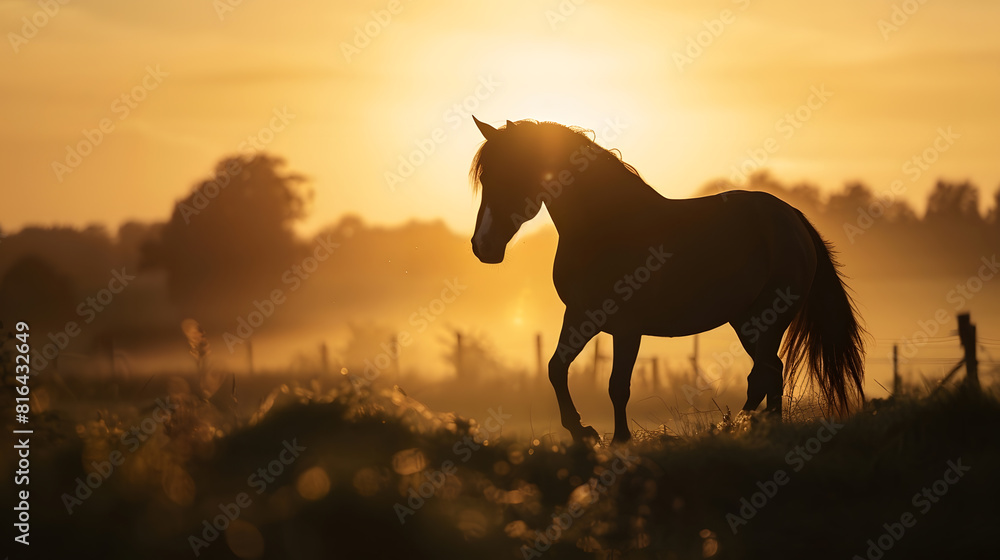 Silhouette photo of friesian horse in sunrise : Generative AI Silhouette photo of friesian horse in sunrise : Generative AI