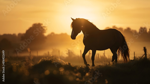 Silhouette photo of friesian horse in sunrise : Generative AI © Generative AI
