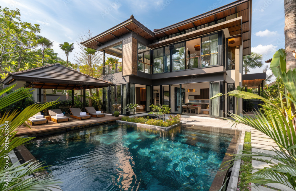A stunning twostory villa with modern architecture, featuring an outdoor swimming pool and lush greenery in the tropical island of Phuket