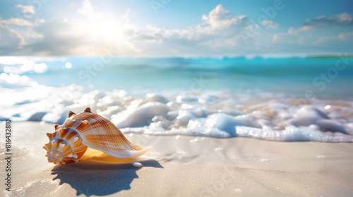 Beautiful summer background with seashell on the sandy beach and blue sea, sunny day. Vacation concept