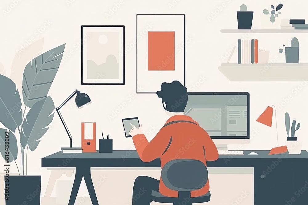 Fototapeta premium An individual is browsing on a smartphone in a sleek and organized home office area