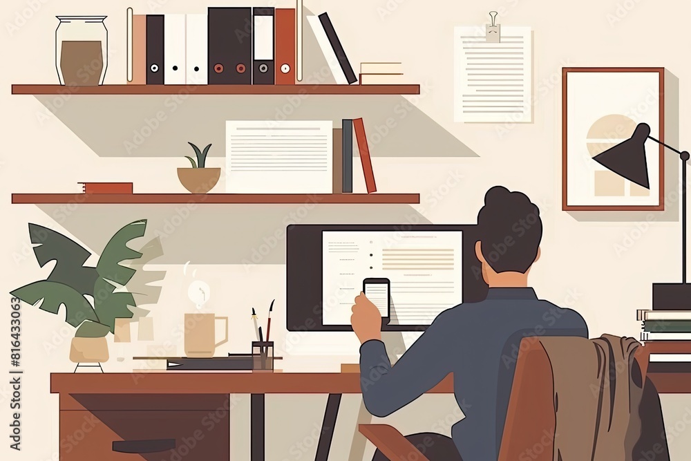 An individual is browsing on a smartphone in a sleek and organized home office area An individual is browsing on a smartphone in a sleek and organized home office area