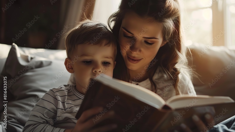 Female psychologist with little boy reading book in office. In the morning. Morning light. copy space for text. Female psychologist with little boy reading book in office. In the morning. Morning light. copy space for text.
