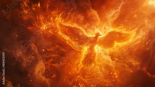 Dramatic depiction of a phoenix in the process of rebirth, surrounded by flames and embers, a powerful symbol of regeneration