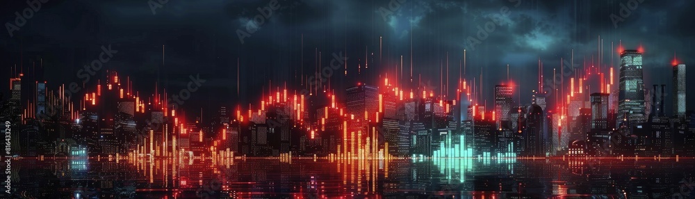 Industrial shadows loom over the serene backdrop of light blue financial charts, painting a stark contrast in the economy's portrait. Industrial shadows loom over the serene backdrop of light blue financial charts, painting a stark contrast in the economy's portrait.