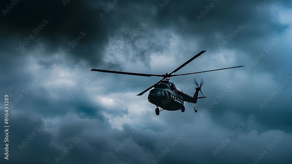 Silhouette of S Soviet helicopter Mi8 common operational military aircraft aloft in the air cloudy sky : Generative AI Silhouette of S Soviet helicopter Mi8 common operational military aircraft aloft in the air cloudy sky : Generative AI