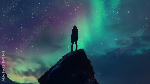 Northern lights and young woman on mountain peak at night Aurora borealis and silhouette of alone girl on mountain trail Landscape with polar lights Starry sky with bright aurora Trave : Generative AI