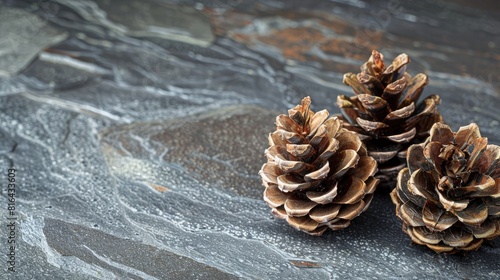 Group of three full pine cones on a grey stone surface photo