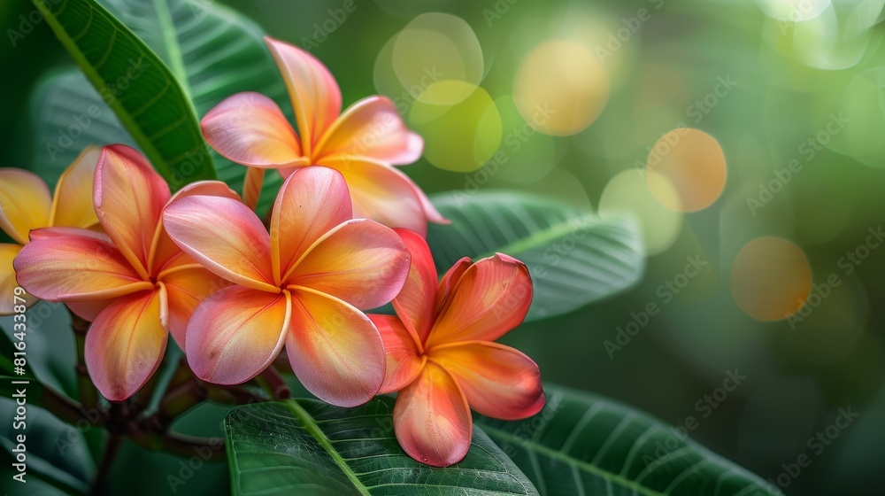 Detailed view of lush Plumeria blooms, focusing on their delicate petals and vibrant colors, set against rich greenery, studio lighting Detailed view of lush Plumeria blooms, focusing on their delicate petals and vibrant colors, set against rich greenery, studio lighting