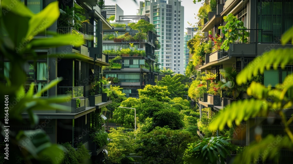 Detailed view of green buildings surrounded by lush trees and plants, emphasizing sustainable living in an urban environment, isolated focus