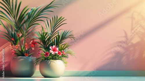 Photorealistic illustration of potted plants and flowers against a pastel background with copy space for text or logo, beautifully illuminated by studio lighting 