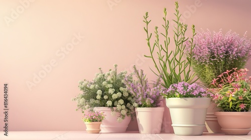 Photorealistic illustration of potted plants and flowers against a pastel background with copy space for text or logo, beautifully illuminated by studio lighting 