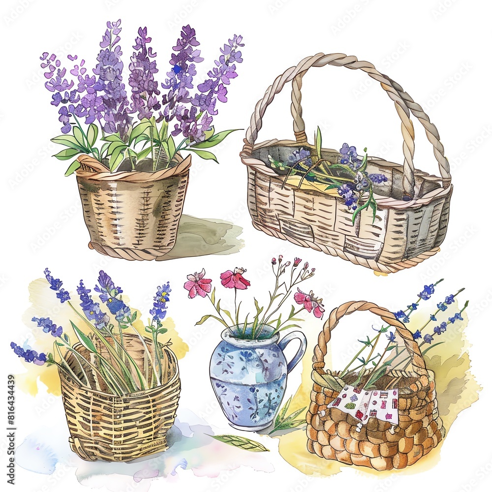 A beautiful watercolor painting of lavender in baskets. The painting has a soft, dreamy feel and would be perfect for a bedroom or living room. A beautiful watercolor painting of lavender in baskets. The painting has a soft, dreamy feel and would be perfect for a bedroom or living room.