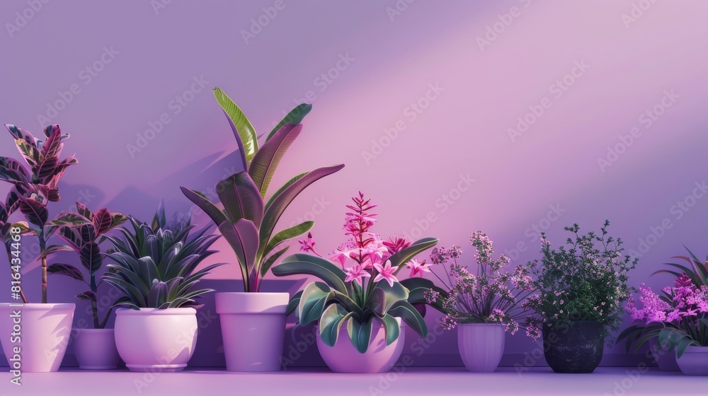 Photorealistic illustration of potted plants and flowers against a purple pastel background with copy space for text or logo, beautifully illuminated by studio lighting Photorealistic illustration of potted plants and flowers against a purple pastel background with copy space for text or logo, beautifully illuminated by studio lighting