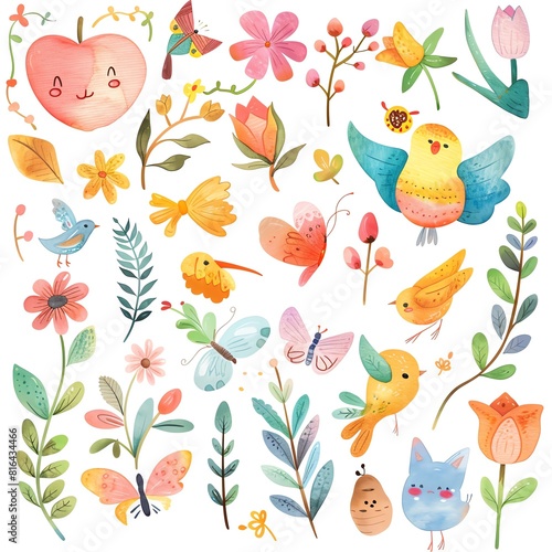 A collection of watercolor illustrations of various flowers  birds  butterflies  and other natural elements. The illustrations are colorful and whimsical  with a hand-drawn feel.