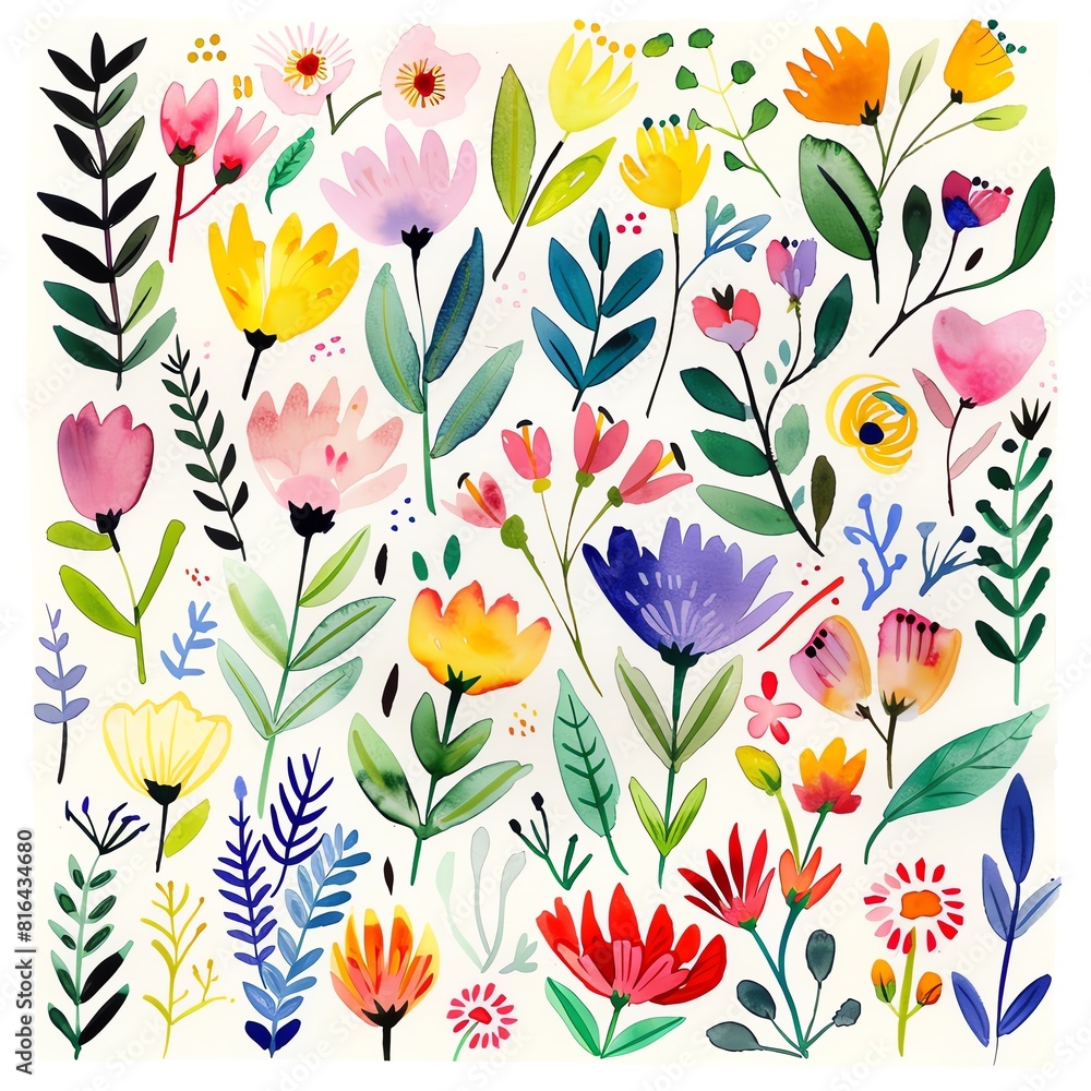 Aquarelle seamless pattern with cute flowers and leaves.