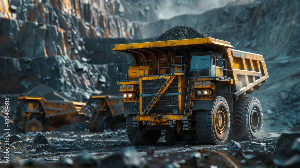 Detailed view of a big mining truck loaded with coal in a quarry, capturing the essence of open pit mining with clear focus, studio lighting Detailed view of a big mining truck loaded with coal in a quarry, capturing the essence of open pit mining with clear focus, studio lighting