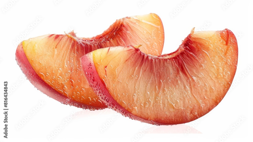 Nectarines cut into wedges, radiating out from the center, isolated on white background Nectarines cut into wedges, radiating out from the center, isolated on white background