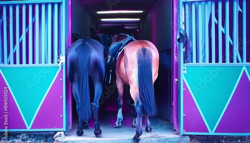 two horses in the stable, interior of a modern building, silhouette of a person walking in a corridor, portrait of a horse, horse and foal, chevaux sortant de la porte de leurs box dans les photo