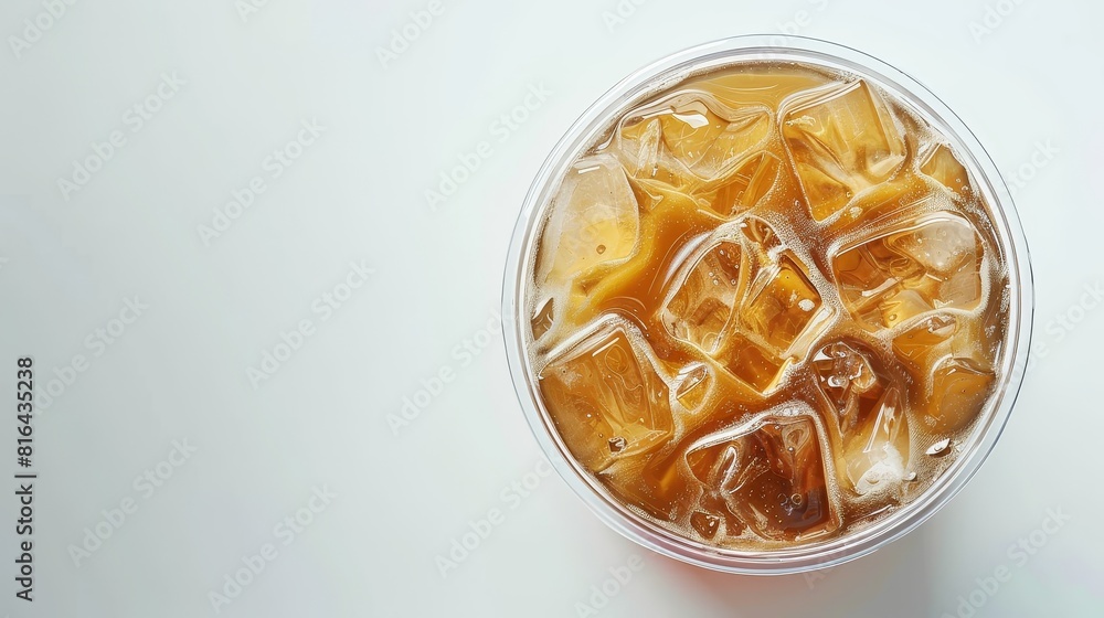 Detailed top view of a clear plastic cup with a lid, containing iced coffee, ideal for advertising, presented on a clean isolated background Detailed top view of a clear plastic cup with a lid, containing iced coffee, ideal for advertising, presented on a clean isolated background