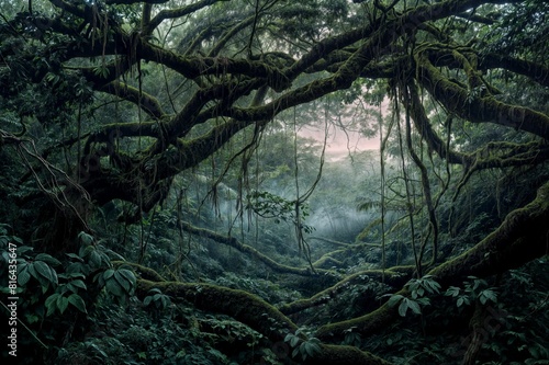 Mysterious jungle thickets in a light morning fog photo