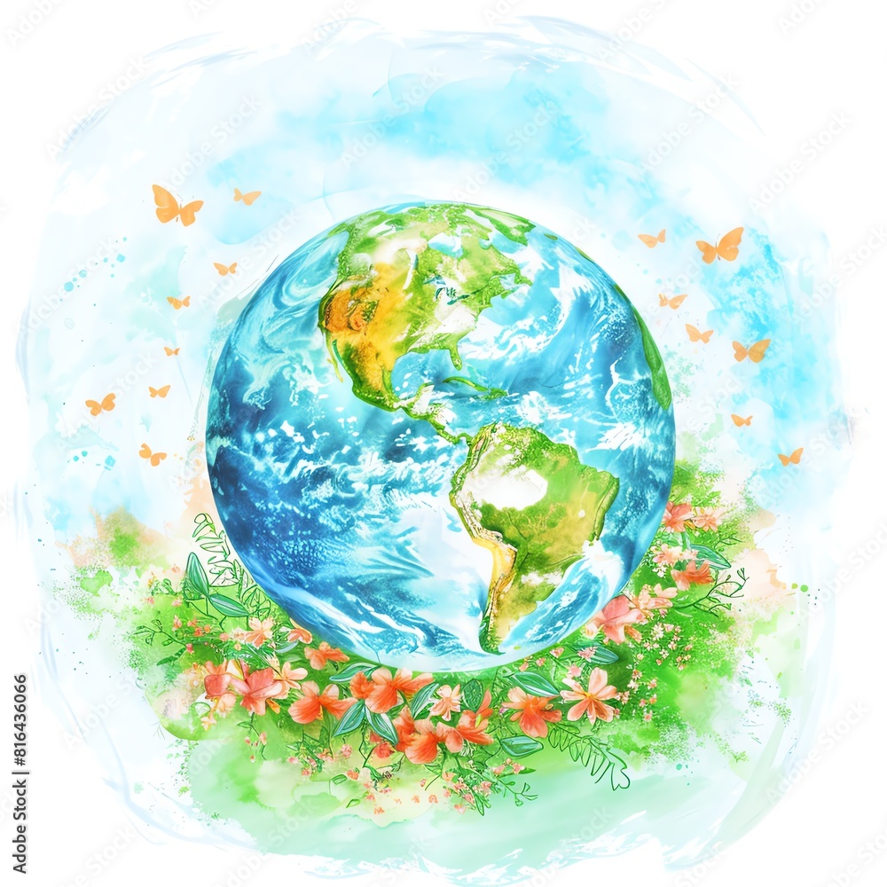 Naklejka premium A beautiful watercolor painting of the Earth surrounded by colorful flowers and butterflies