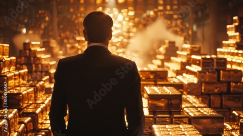 The dark figure of a man in a suit stands in front of a vast, glittering expanse of gold bars. photo