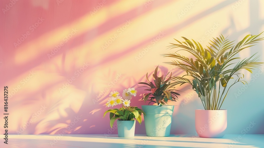 Photorealistic illustration of potted plants and flowers against a pastel background with copy space for text or logo, beautifully illuminated by studio lighting 
