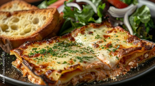 Delectable close-up of lasagna paired with a fresh salad and aromatic garlic bread  presented perfectly on an isolated background  studio lighting