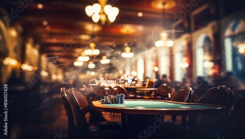 Blurred casino hall with many tables for poker and cards in the background.