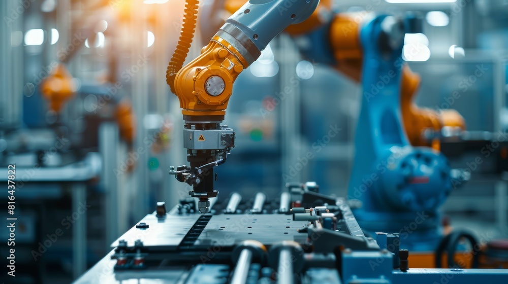 Close shot of an industrial robot arm, focusing on its role in component assembly within a high-tech, automated factory environment Close shot of an industrial robot arm, focusing on its role in component assembly within a high-tech, automated factory environment