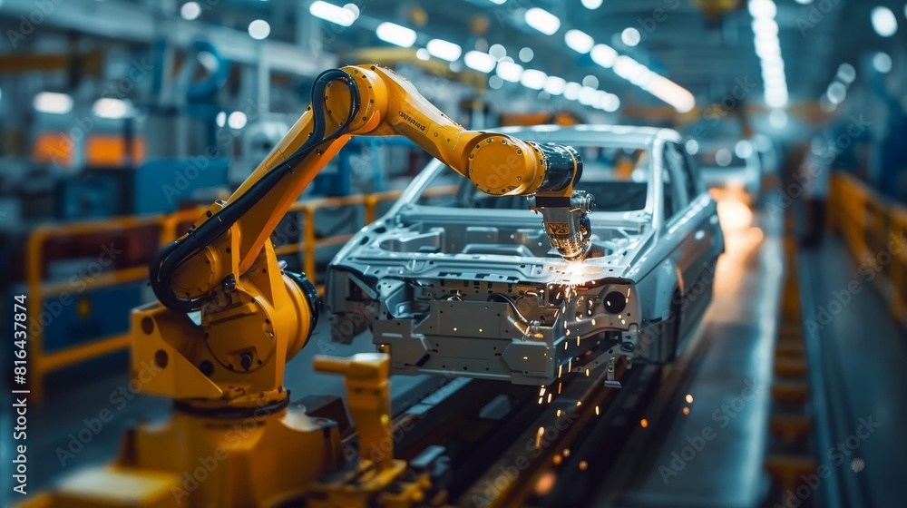Close-up view of a robotic arm operating in an industrial setting, emphasizing its role in the automated production of vehicles Close-up view of a robotic arm operating in an industrial setting, emphasizing its role in the automated production of vehicles