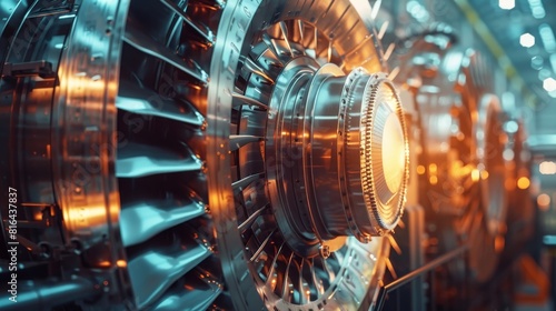 Close-up view of a steam turbine at a power plant, focusing on the dynamic motion and mechanical precision for advertising purposes